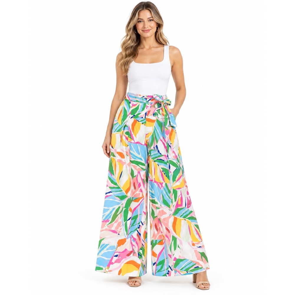 Flying Tomato Tropical Leaf Print Tie Waist Wide Leg Palazzo Pants Size Large
